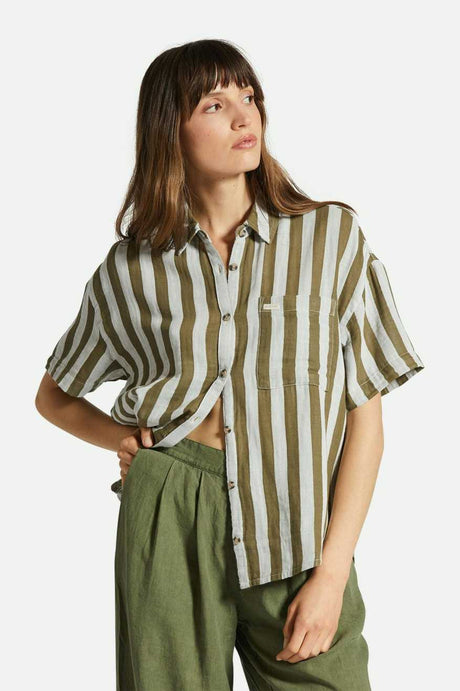 Women's Fit, Front View | Mykonos Stripe Boyfriend S/S Woven Shirt - Military Olive