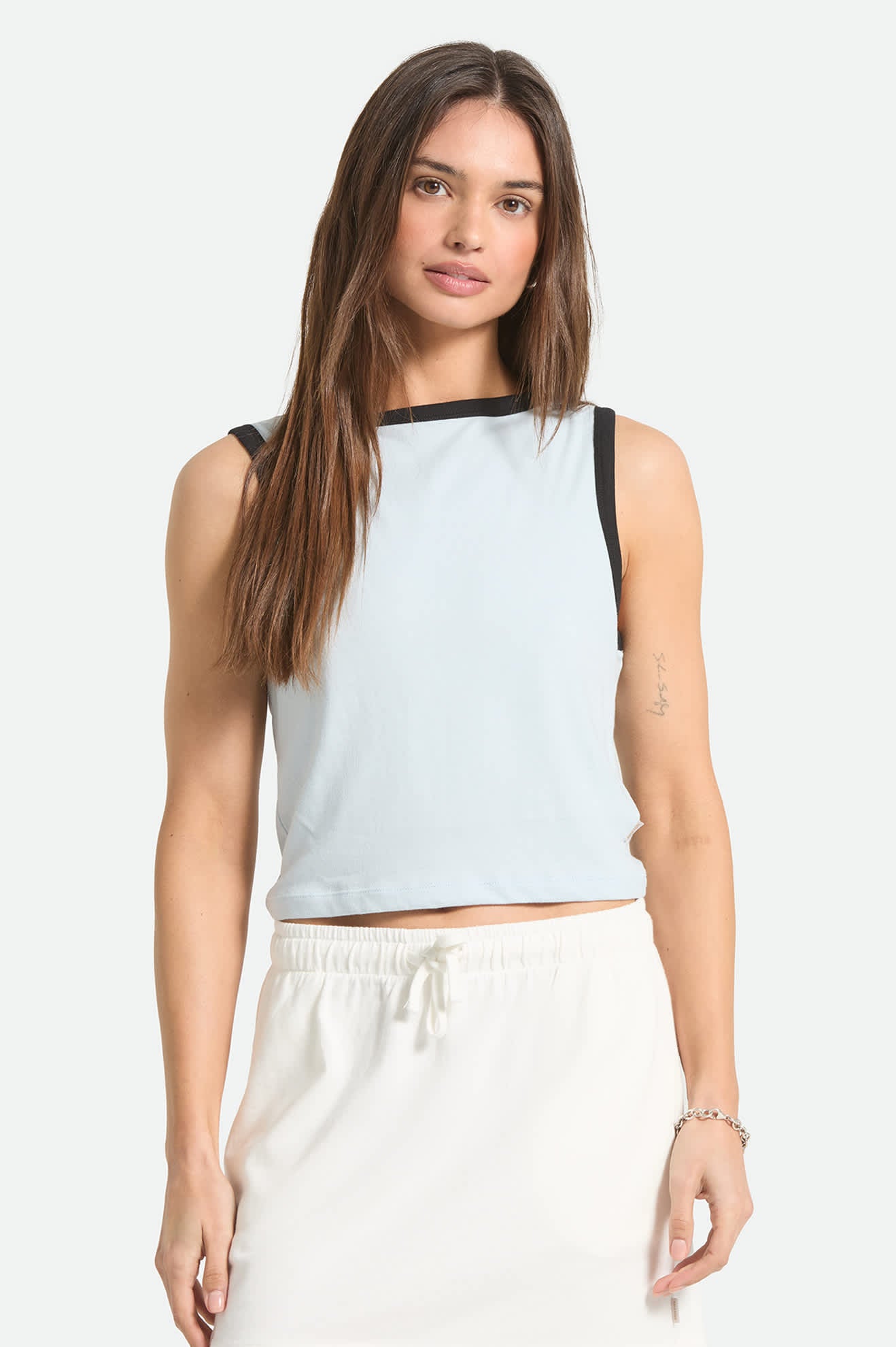 Women's Carefree Organic Garment Dye Cropped Tank in the color Blue Aura - Women's Front Fit Image