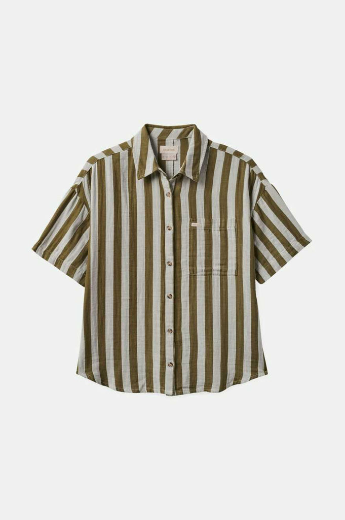 Brixton Women's Mykonos Stripe Boyfriend S/S Woven Shirt - Military Olive | Profile