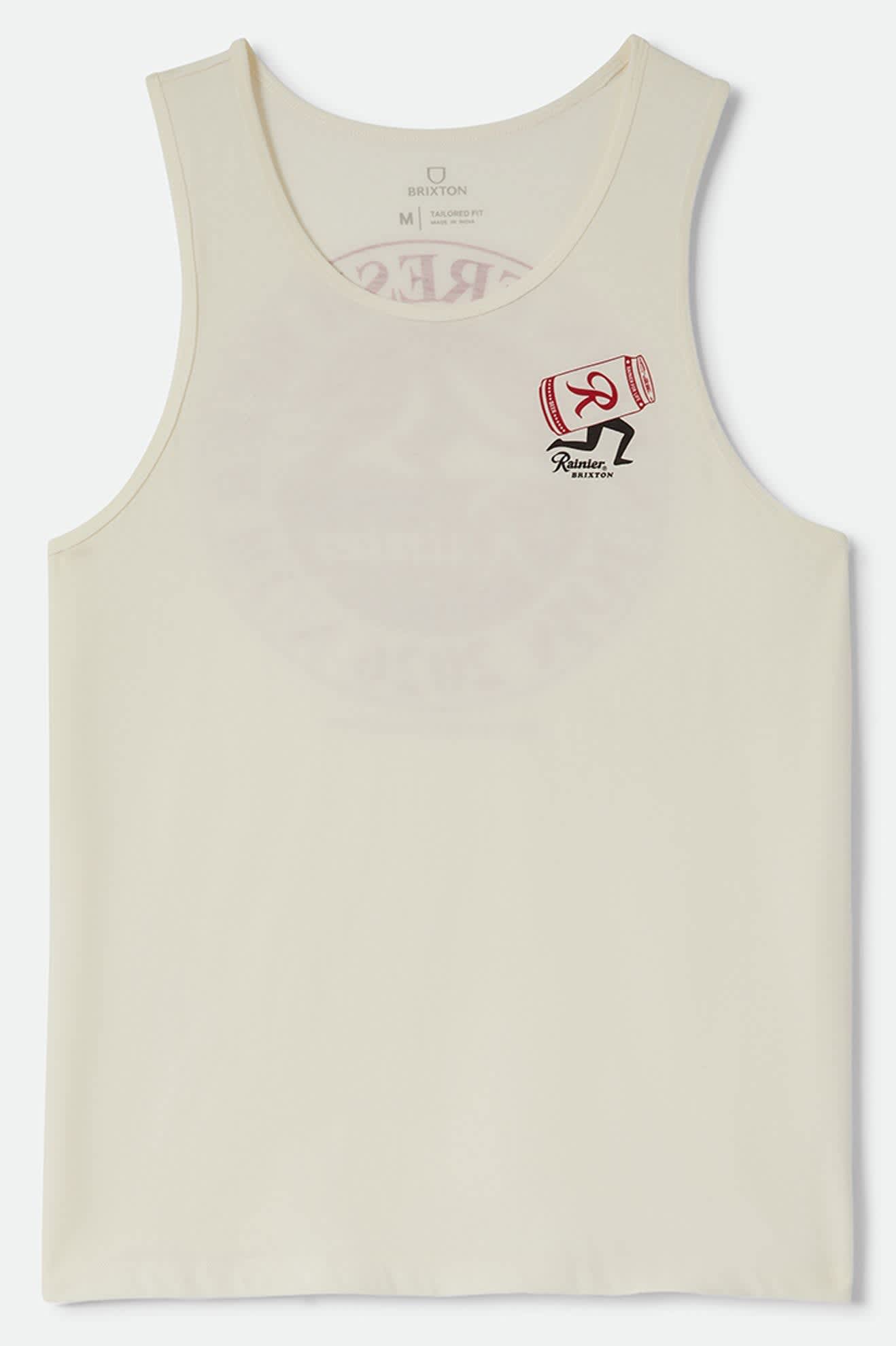 Men's Rainier Beer Run Tank in the color Natural - Front Product Laydown Image