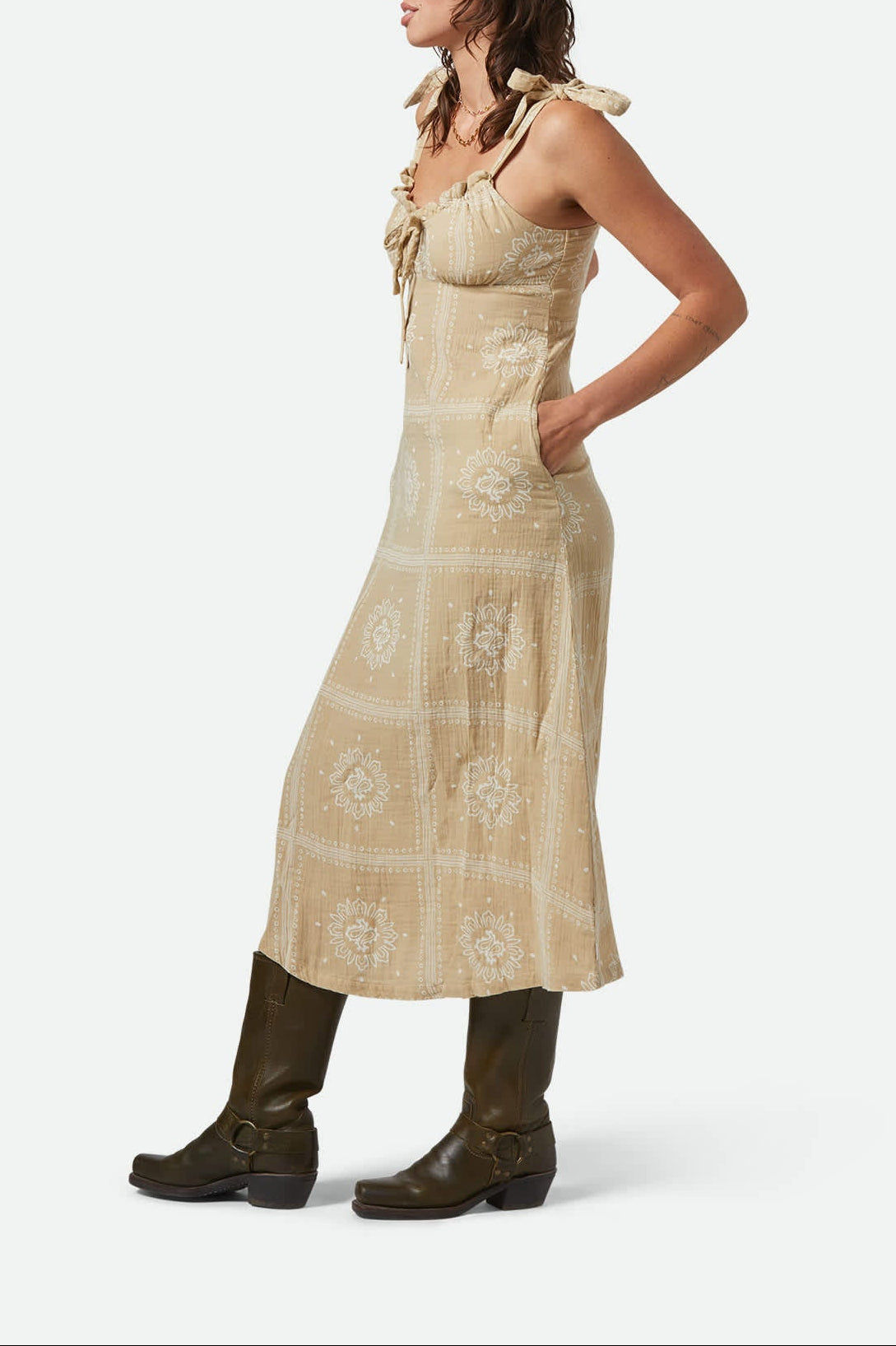 Women's Wandering Tie Dress in the color Pale Khaki Bandana - Women's Side View