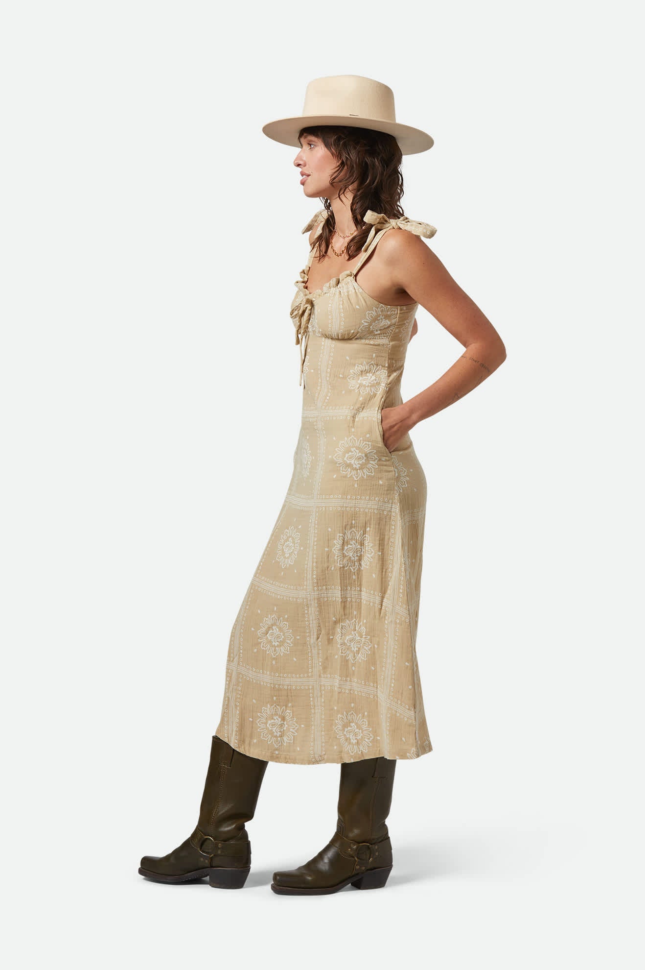 Women's Wandering Tie Dress in the color Pale Khaki Bandana - Women's Side View