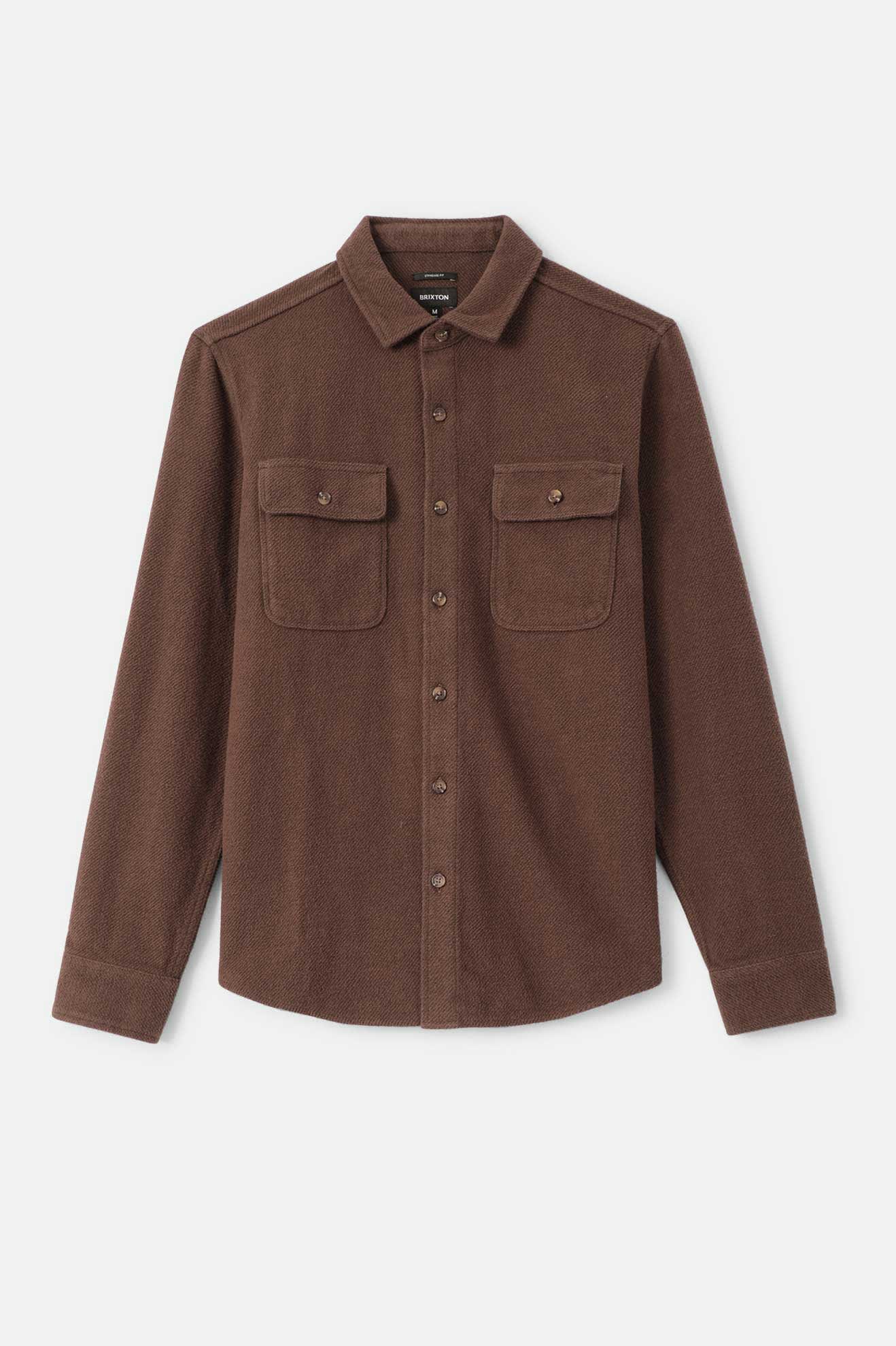 Men's Bowery Textured Twill Overshirt in the color Walnut Brown - Front Product Laydown Image