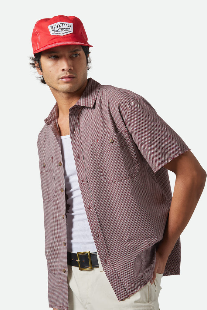 Men's CRU Micro Plaid Relaxed S/S Shirt in the color Cordovan Red Micro Plaid - Men's Front View