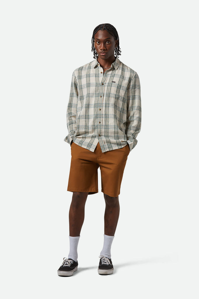 Men's Charter Linen Blend L/S Shirt in the color Off White/Ivy Green Plaid - Additional Fit image