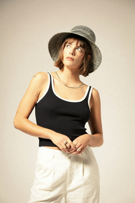 Women's Ringer Organic A-Tank in the color Black/Off White - Women's Featured View