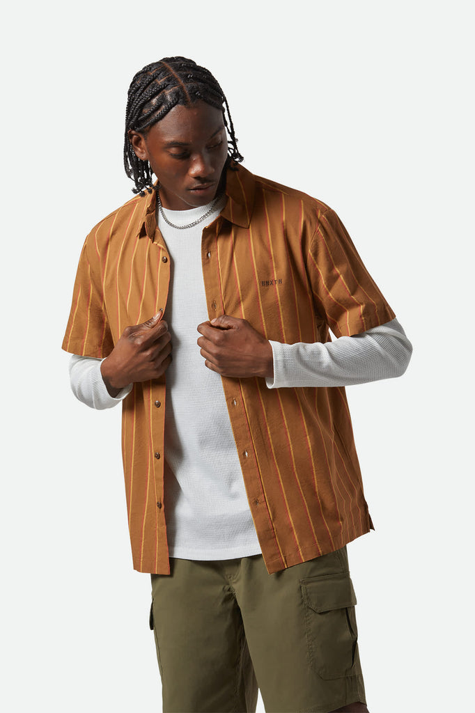 Men's CRU Stripe Relaxed S/S Shirt in the color Washed Copper/Burnt Red/Sunset - Men's Front View