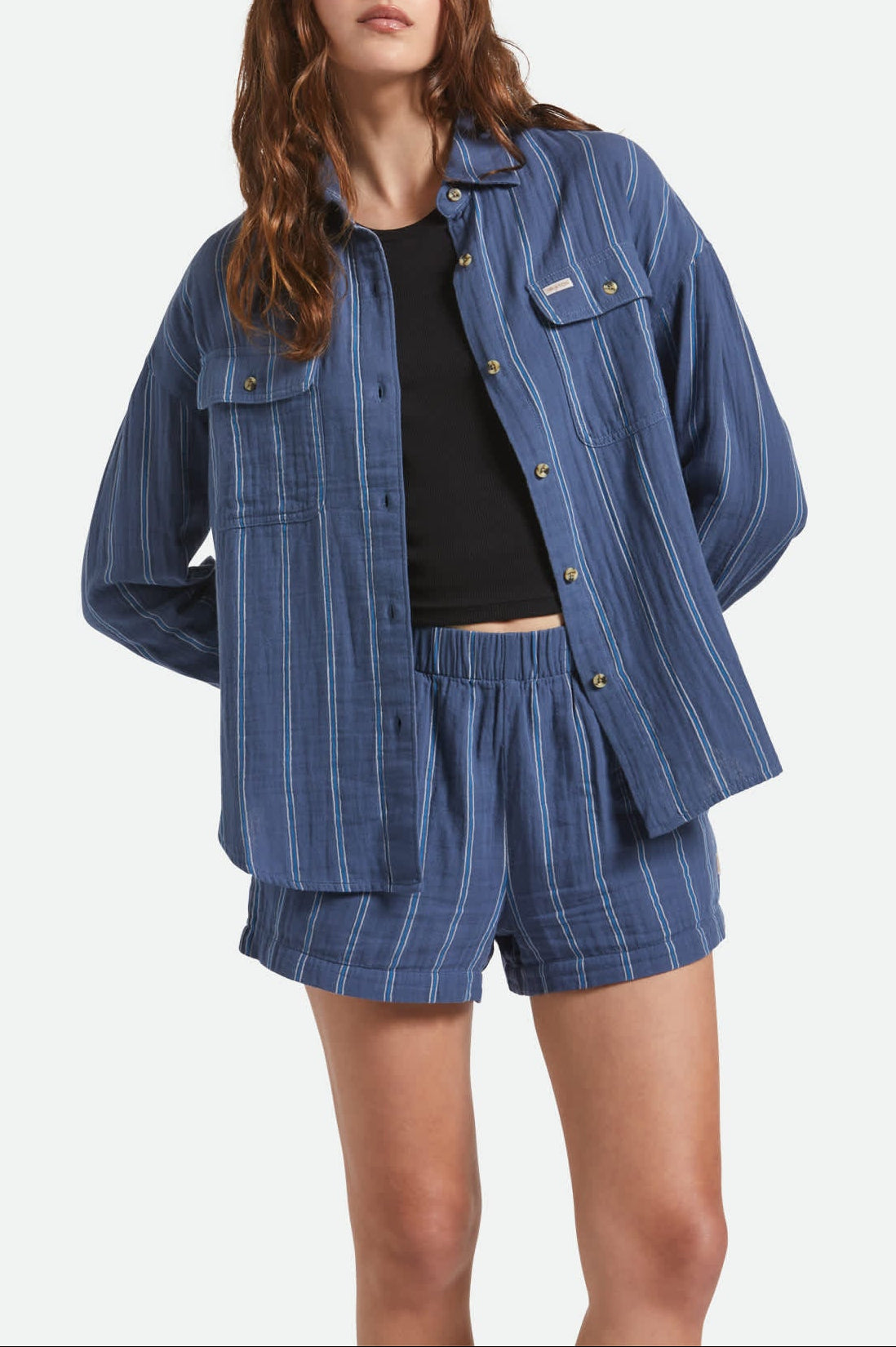 Women's Wandering L/S Overshirt in the color Berring Sea/White - Women's Front View