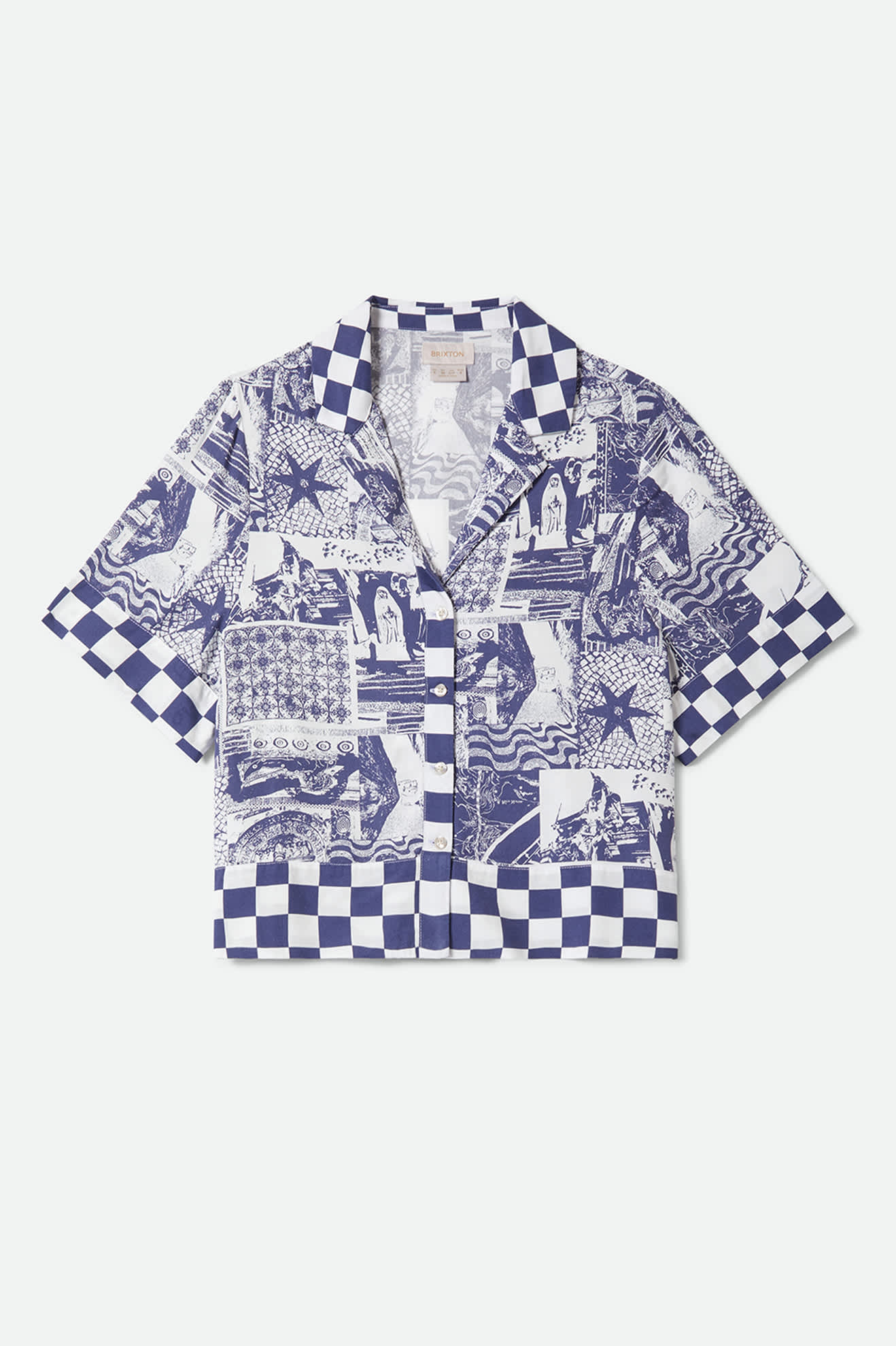 Women's The Omar Button Down Short Sleeve Shirt in the color Navy/White Collage - Front Product Laydown Image