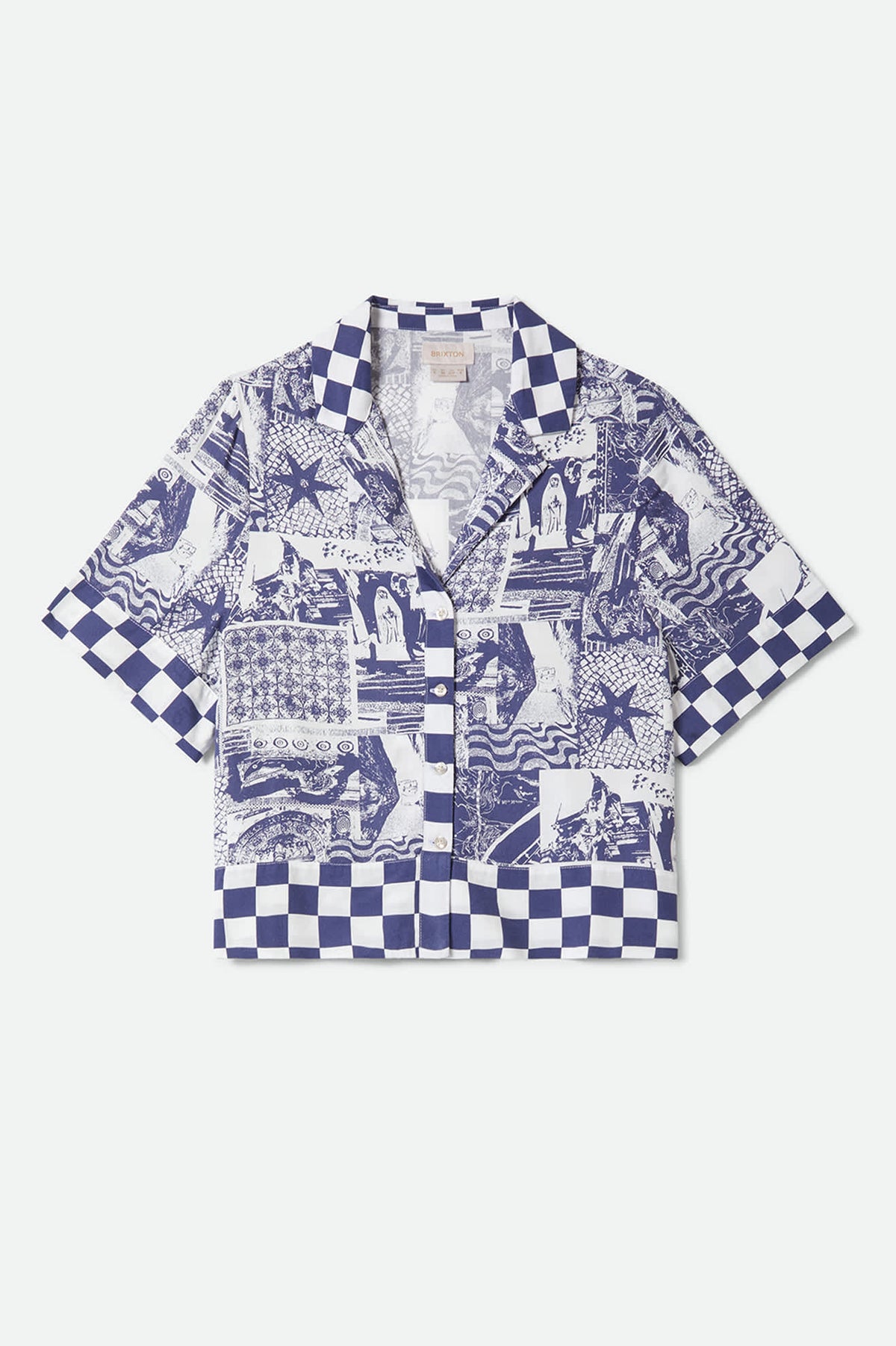 Women's The Omar Button Down Short Sleeve Shirt in the color Navy/White Collage - Front Product Laydown Image