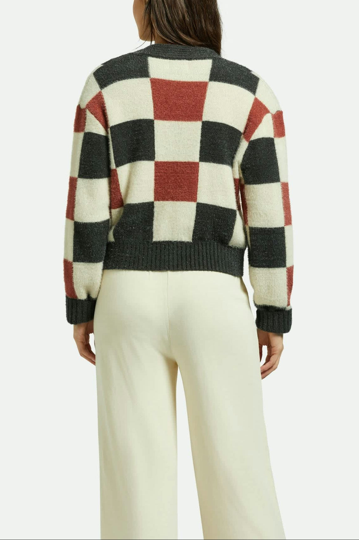 Women's Rivington Crew Cardigan in the color Cowhide/Whitecap/Black Check - Women's Back View