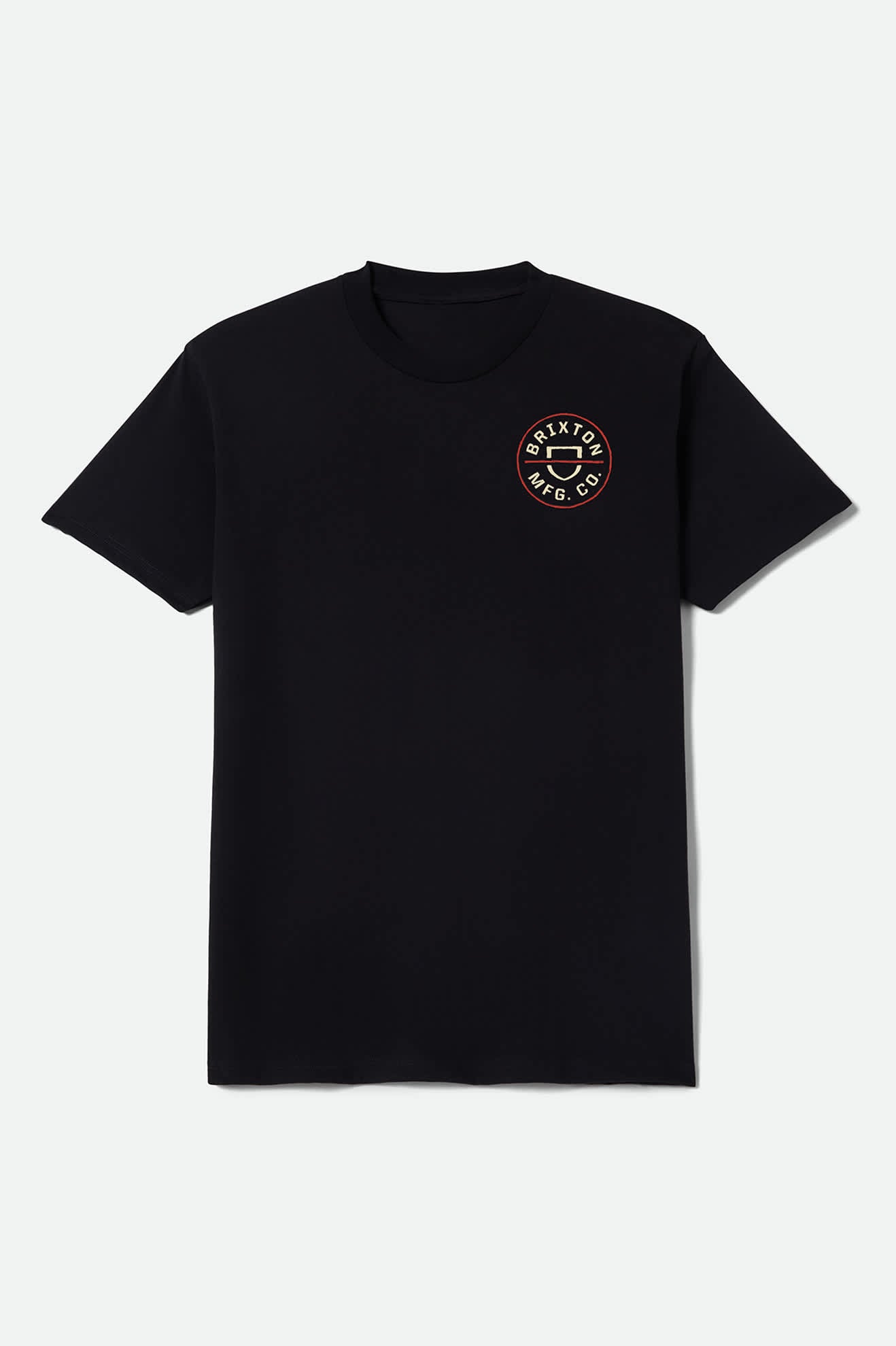 Men's Crest II Standard T-Shirt in the color Black/Ivory/Brick Red - Front Product Laydown Image
