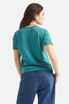 Women's Carefree Organic Garment Dye Perfect T-Shirt in the color Washed Mediterranean Teal - Women's Back View