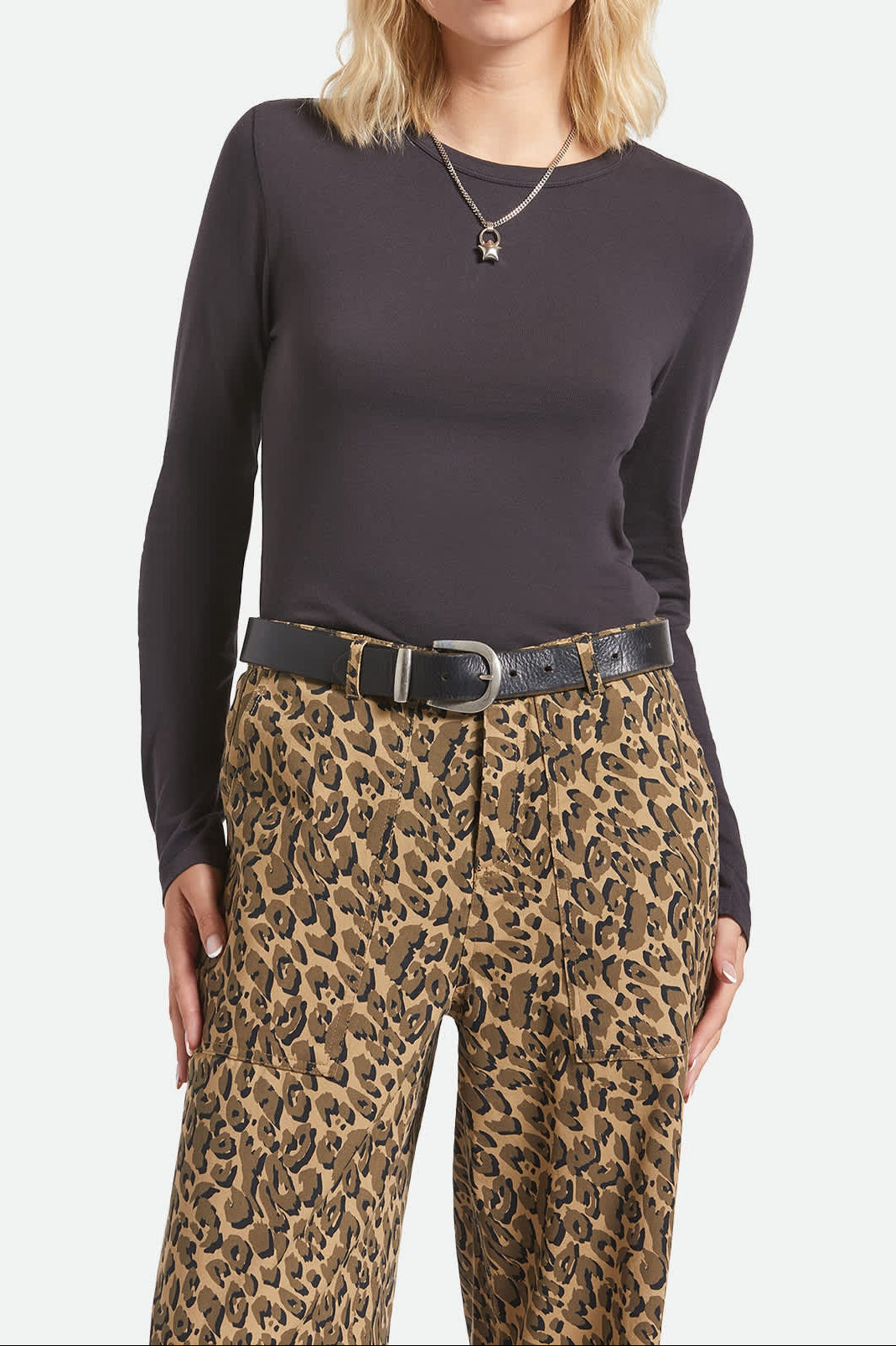 Women's Carefree Organic Garment Dye Slim L/S T-Shirt in the color Black - Women's Front View