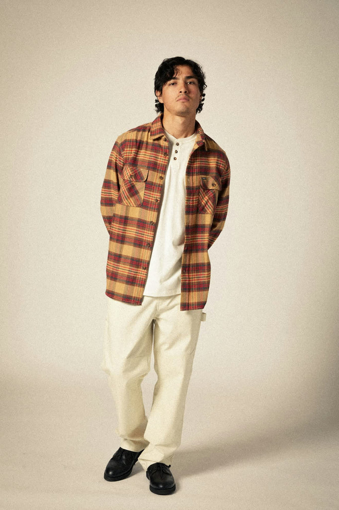 Men's Bowery L/S Flannel in the color Curry/Washed Black/Crimson - Additional Fit View