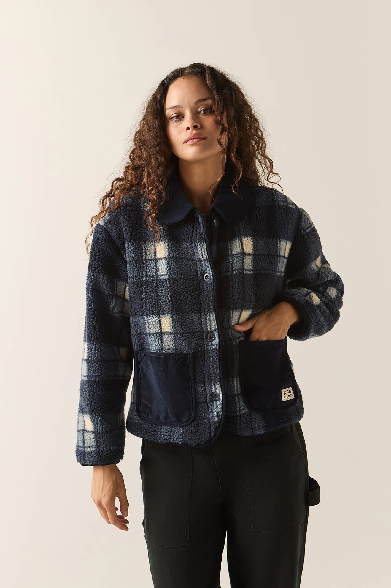 Women's Delilah Sherpa Jacket in the color Classic Navy Plaid - Women's Front Fit Image