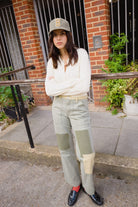 Women's Essex Patchwork Painter Pant in the color Vintage Olive Patchwork - Women's Lifestyle 1