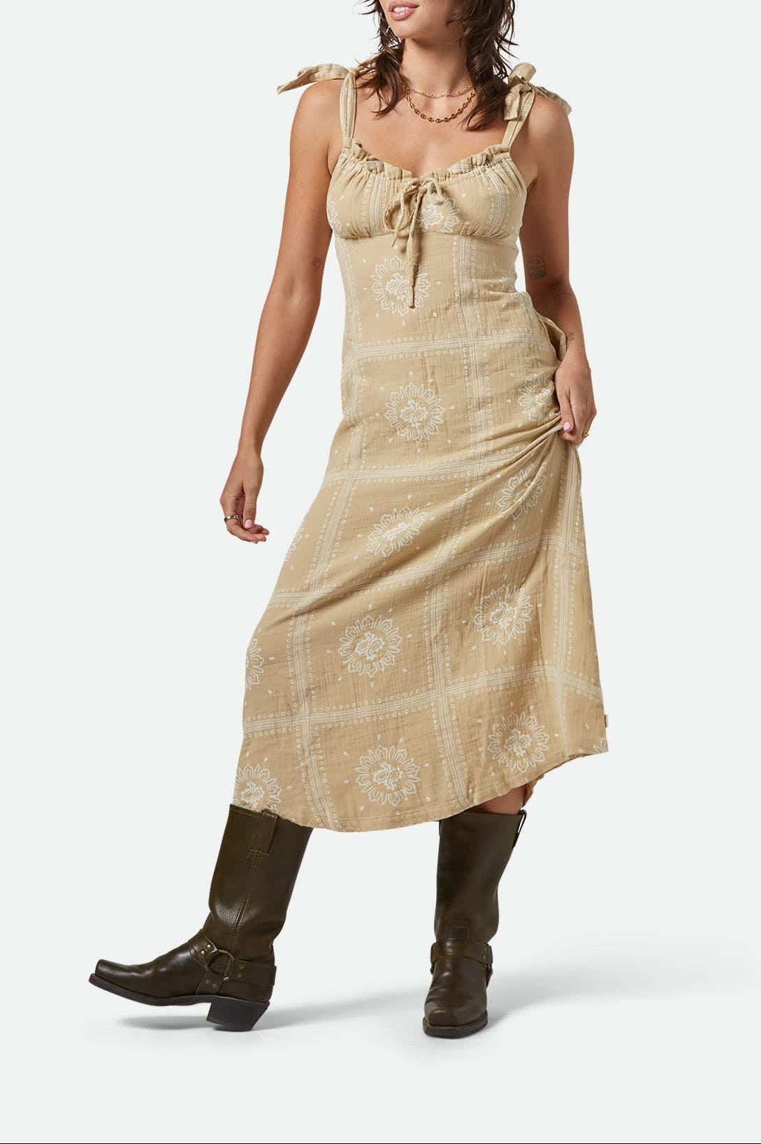 Women's Wandering Tie Dress in the color Pale Khaki Bandana - Women's Front View