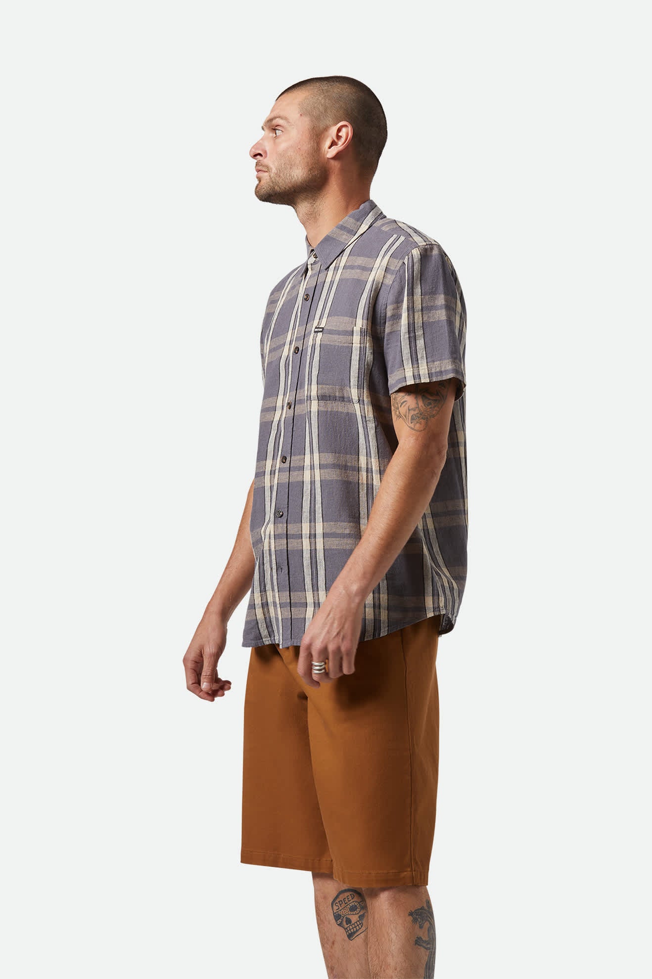 Men's Charter Linen Blend S/S Shirt in the color Charcoal/Beige Plaid - Men's Side View