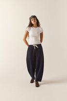 Women's Utility Everyday Barrel Pant in the color Washed Navy - Women's Front Fit Image