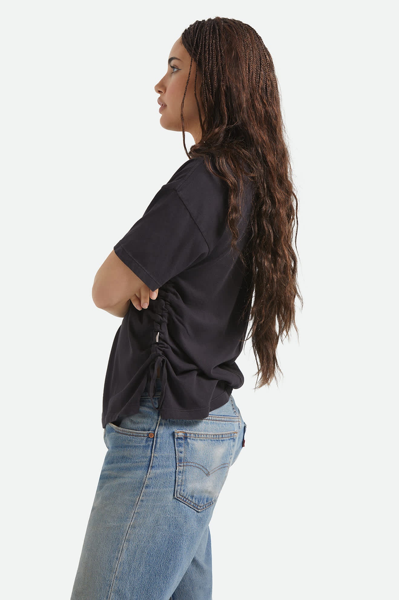 Women's Carefree Organic Garment Dye Cinch T-Shirt in the color Black - Women's Side View