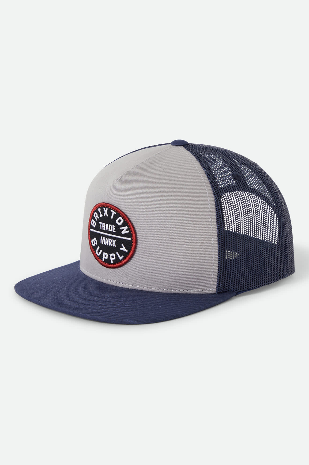 Unisex Oath Trucker Hat in the color Sustained Grey/Washed Navy - Front Product Laydown Image