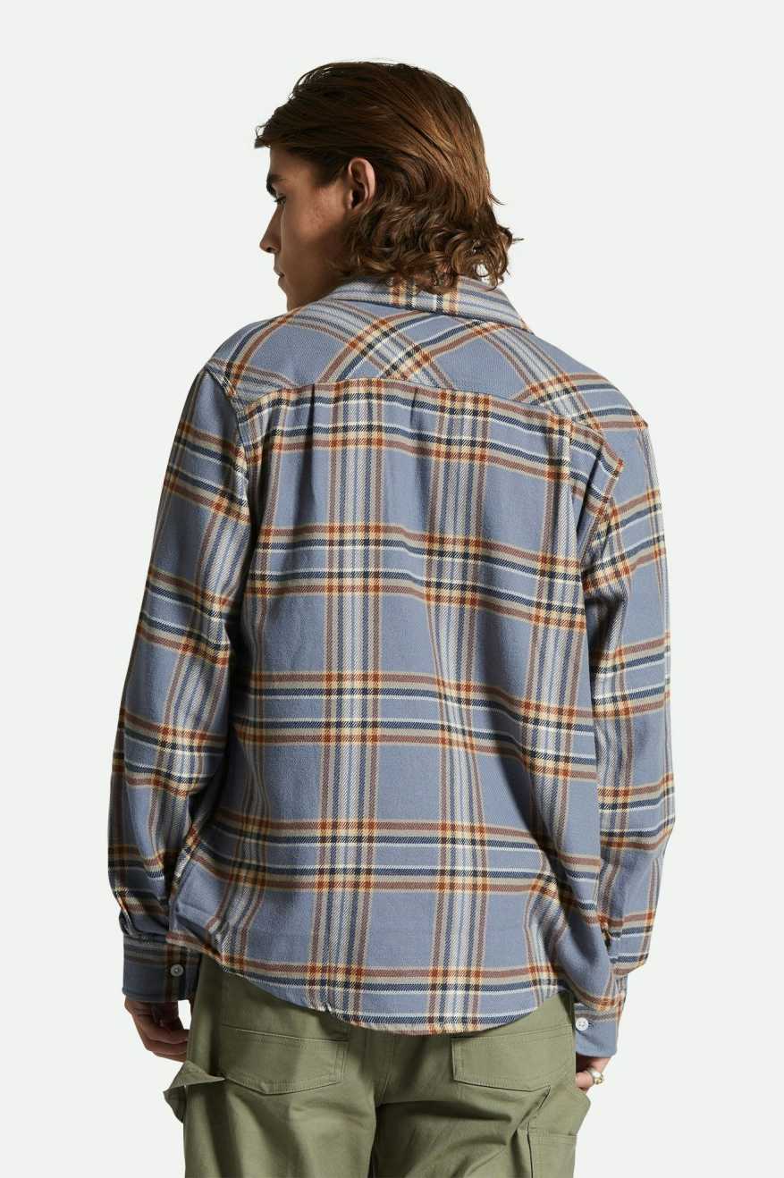 Men's Fit, Back View | Bowery L/S Flannel - Stonewash Blue/Sand