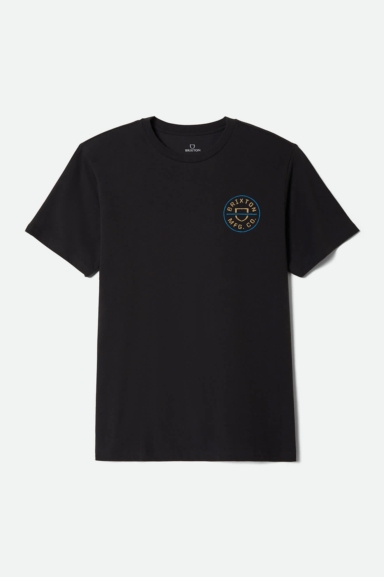 Men's Crest II Short Sleeve Standard T-Shirt in the color Black/Copper/Medium Blue - Front Product Laydown Image