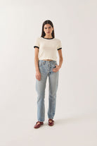 Women's Carefree Organic Garment Dye Ringer T-Shirt in the color Off White/Black - Women's Front Fit Image