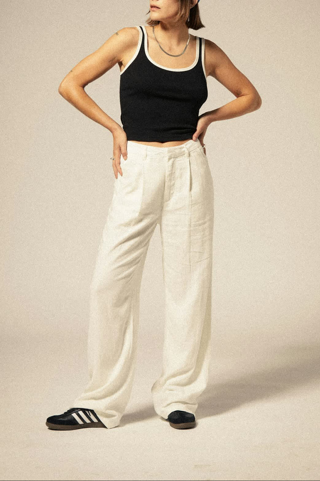 Women's Ringer Organic A-Tank in the color Black/Off White - Additional Fit View