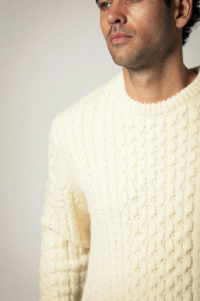 Unisex Classic Fisherman Cable Knit Sweater in the color Oatmeal - Additional Fit View