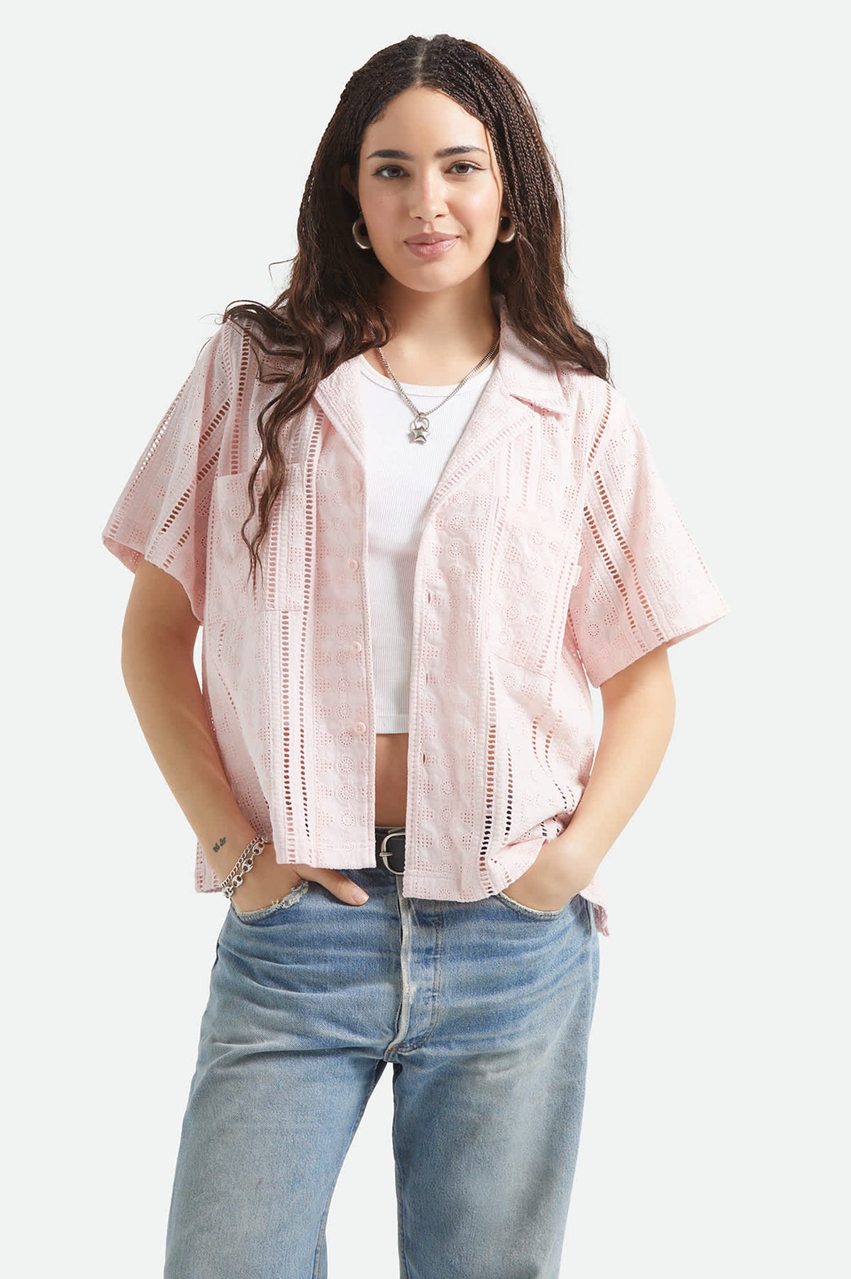 Women's Paradise Lounge Short Sleeve Shirt in the color Chalk Pink - Women's Front View