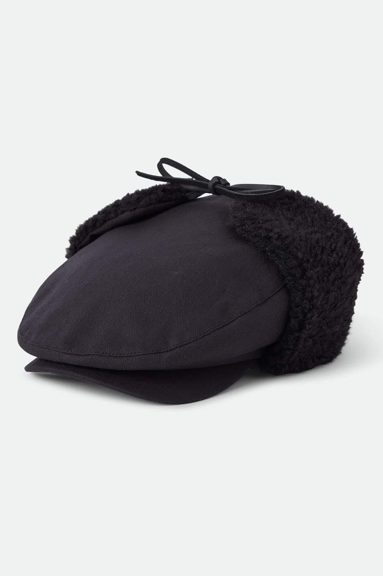 Unisex Barrel Earflap Snap Cap in the color Black/Black - Front Product Laydown Image