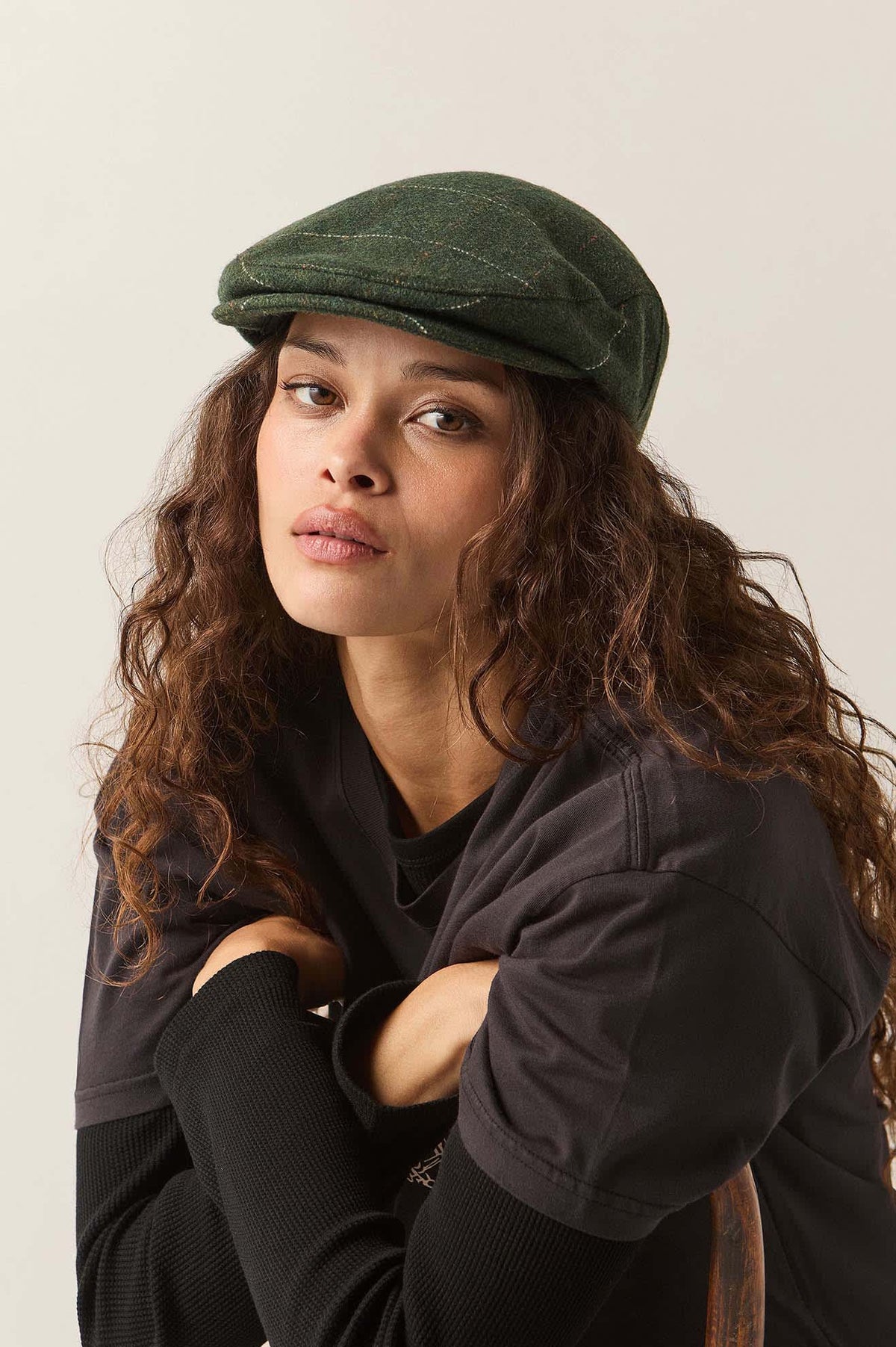 Unisex Hooligan Flat Cap in the color Moss/Orange - Women's Front View