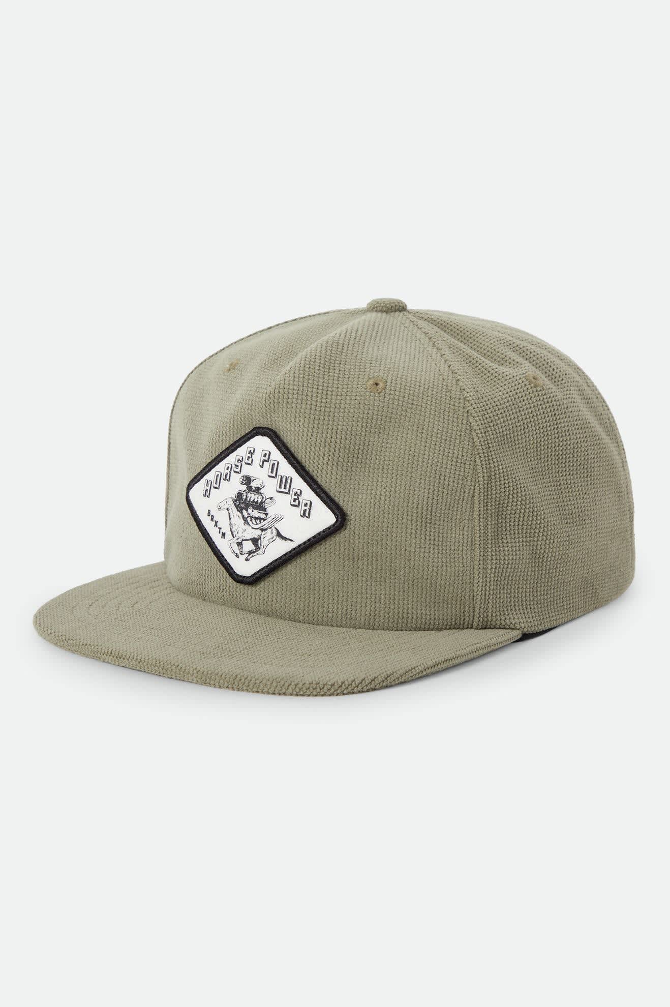 Unisex Horsepower Snapback in the color Olive Surplus - Front Product Laydown Image