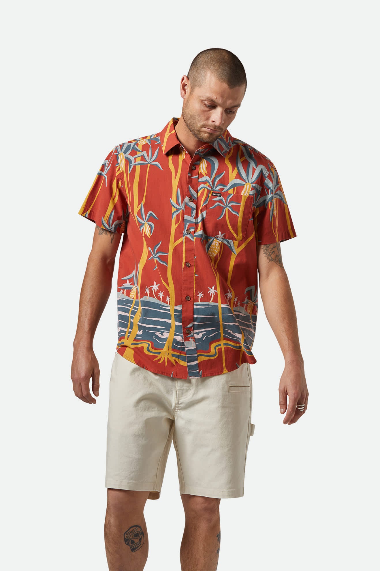 Men's Charter Print S/S Shirt in the color Dark Red Scenic Trip - Men's Front View