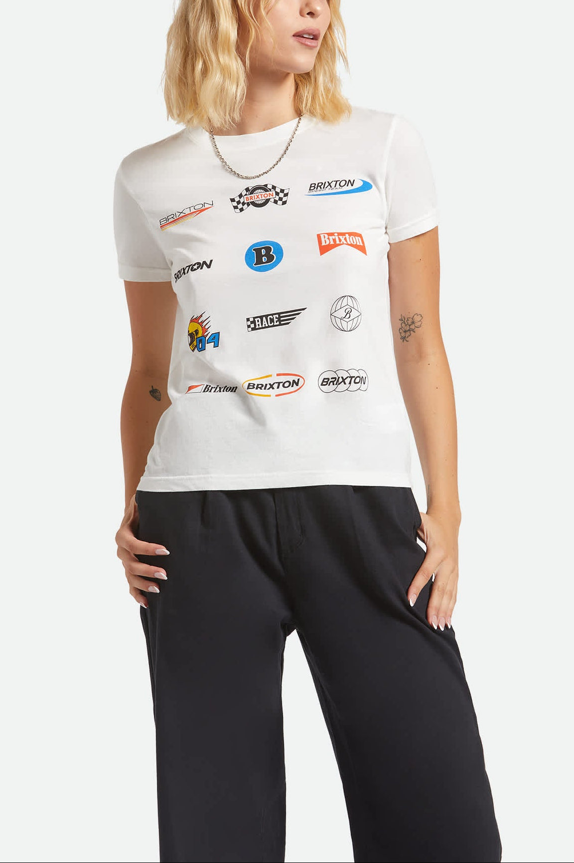 Women's Racing Patches Crew T-Shirt in the color Off White - Women's Front View