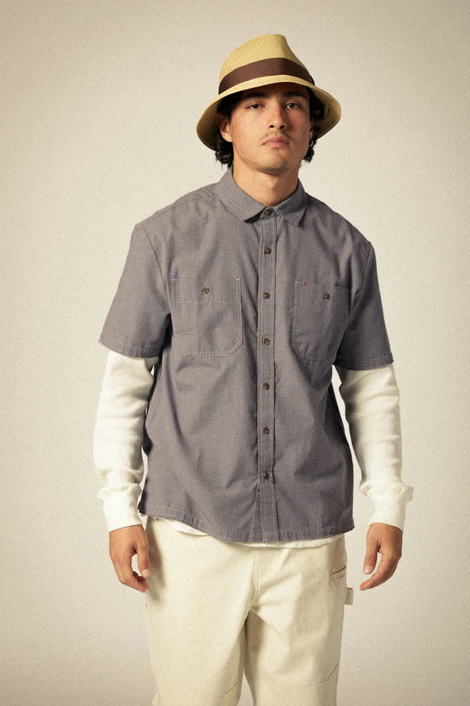 Men's CRU Micro Plaid Relaxed S/S Shirt in the color Washed Navy Micro Plaid - Additional Fit View