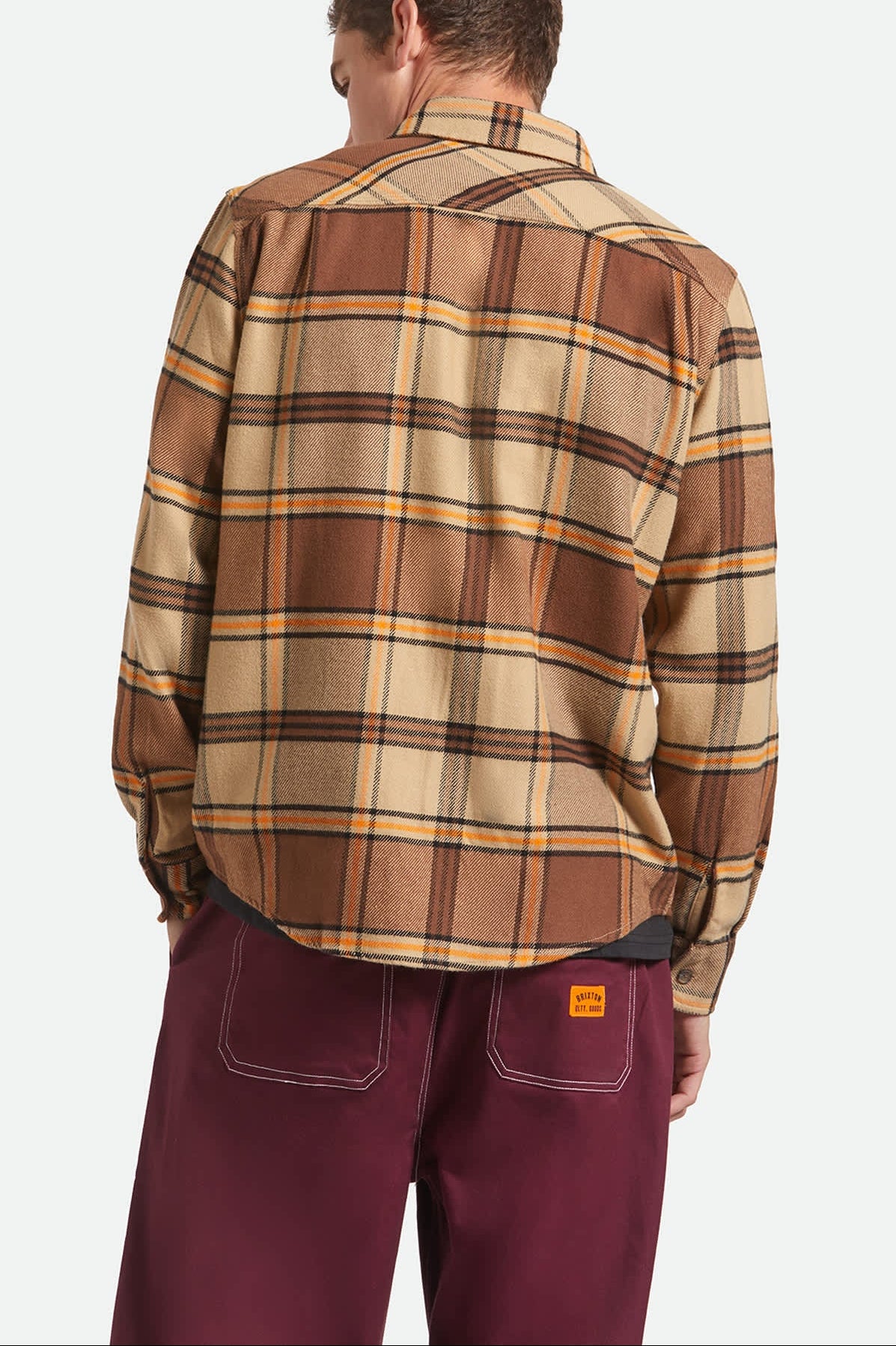 Men's Bowery L/S Flannel in the color Sand/Pinecone/Solar Orange - Men's Back View