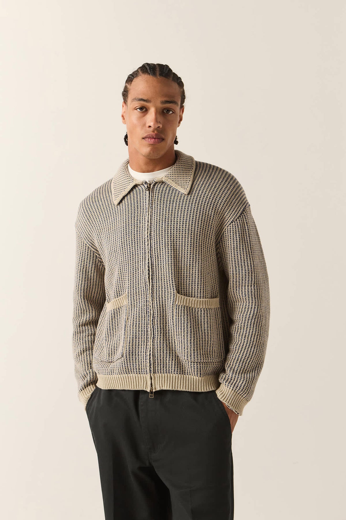 Unisex Pacific Zip Sweater in the color Navy/Whitecap - Men's Front View