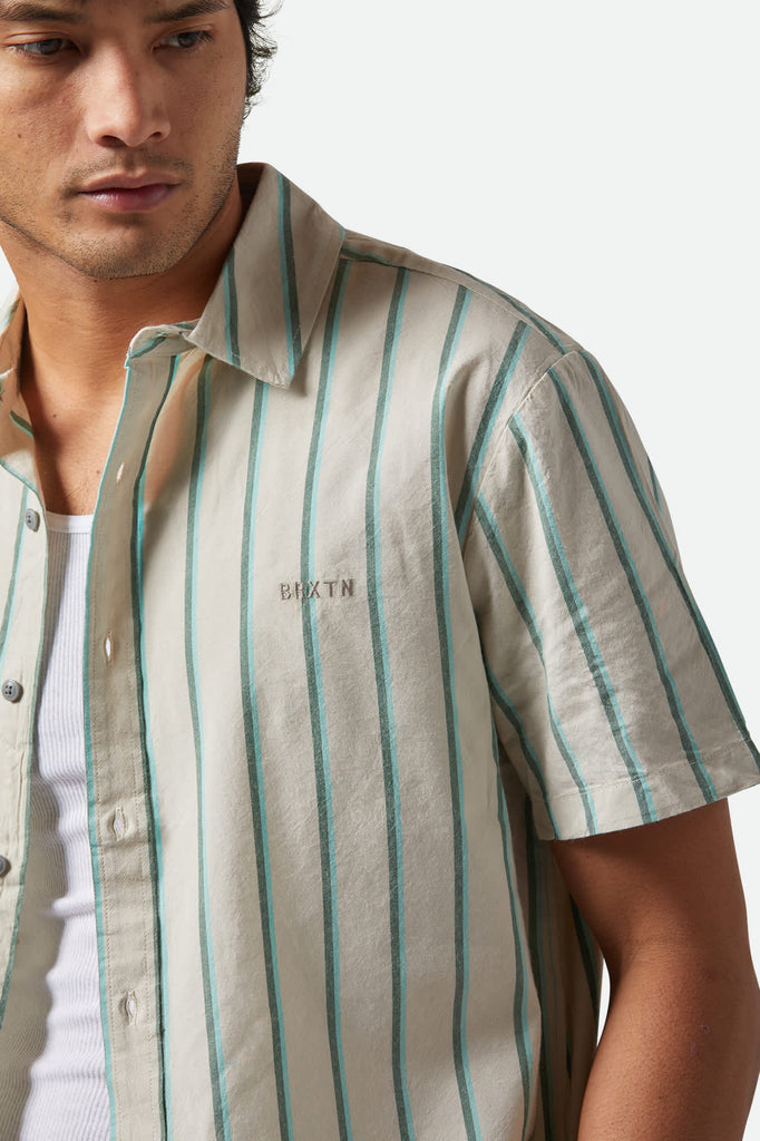 Men's CRU Stripe Relaxed S/S Shirt in the color Beige/Pine Needle/Aquatic Green - Additional Fit View