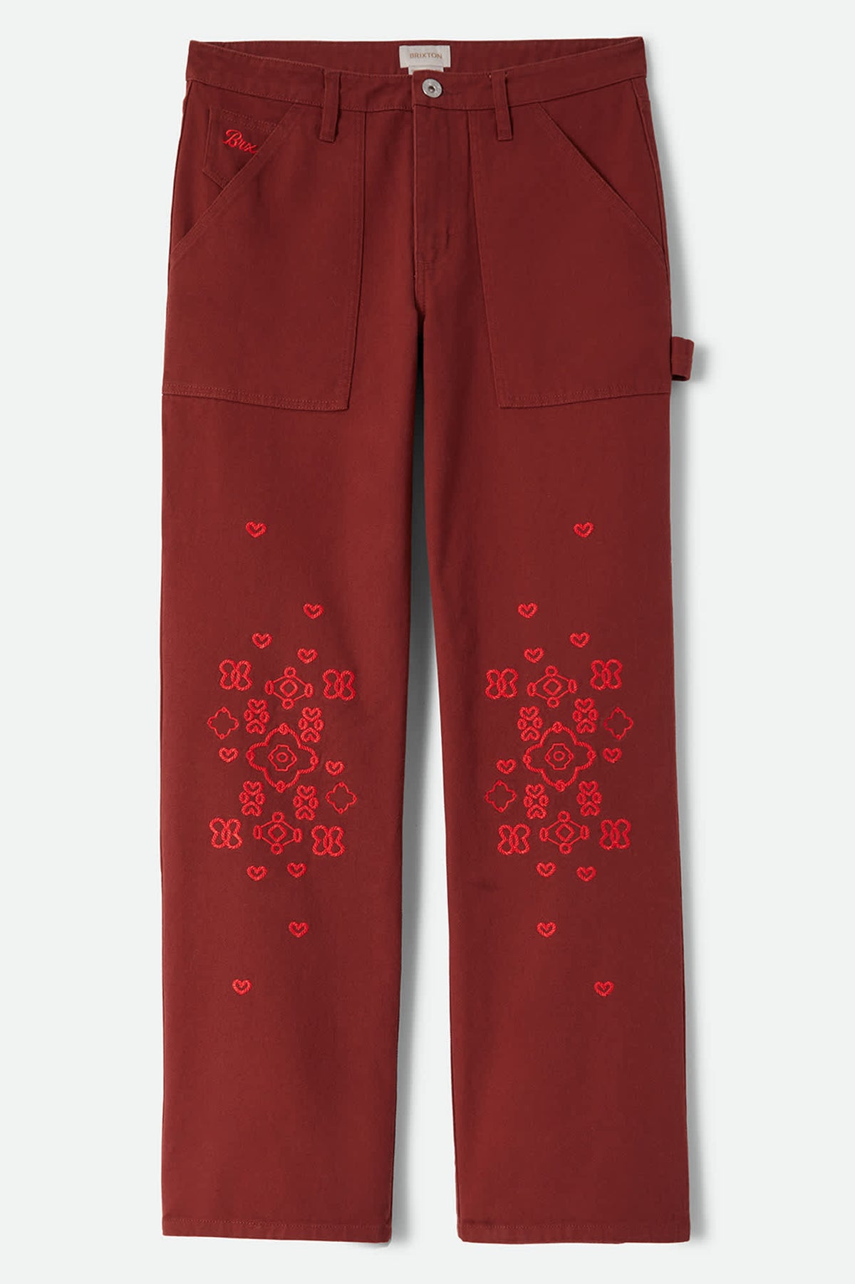 Women's Essex Embroidered Painter Pant in the color Dark Brick - Front Product Laydown Image