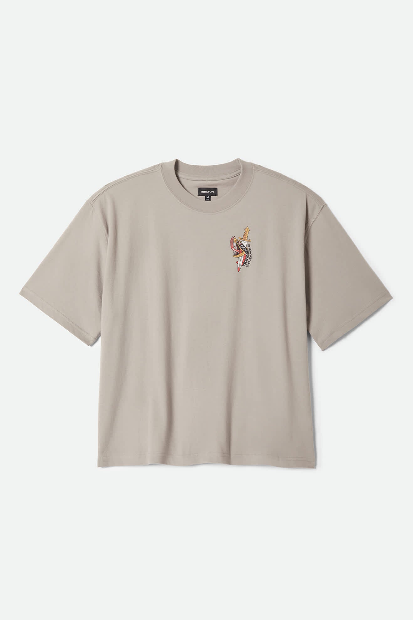 Men's Sword Short Sleeve Boxed Crop T-Shirt in the color Pebble Stone - Front Product Laydown Image