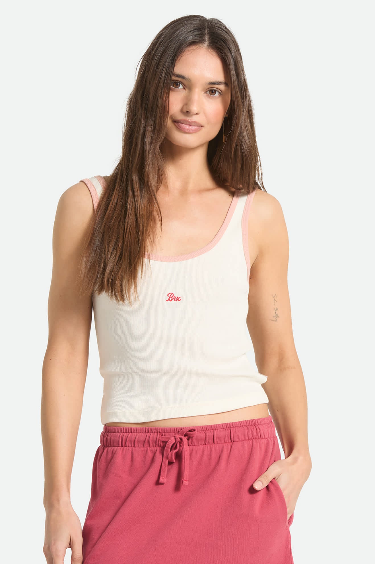 Women's Ringer Organic A-Tank in the color Off White/Silver Pink - Women's Front Fit Image