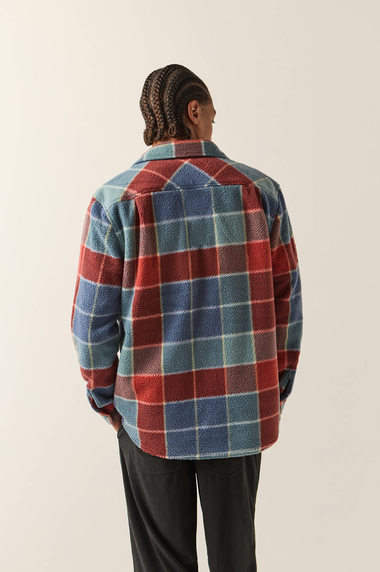 Men's Bowery Arctic Stretch Fleece in the color Blue/Red Plaid - Men's Back View