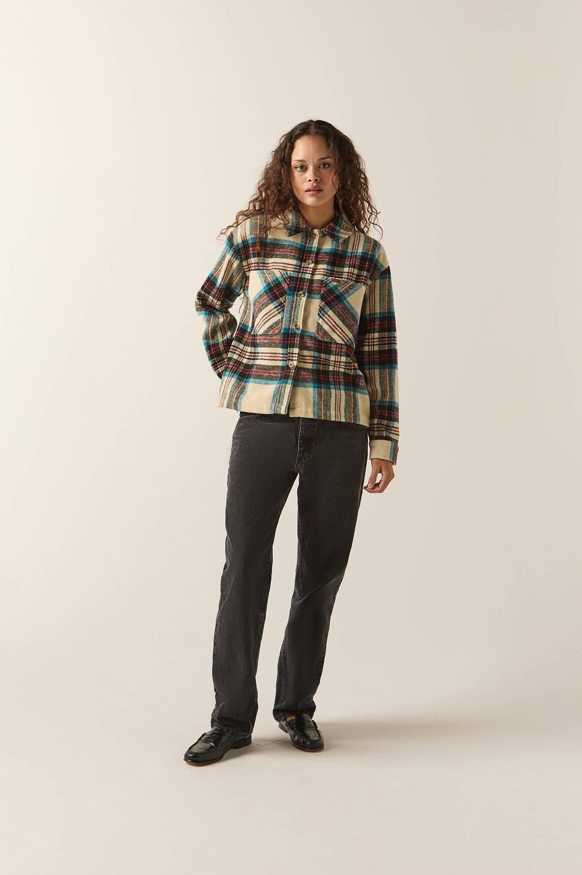 Women's Bowery Women's Soft Brushed Flannel in the color Off White Black/Tranquil Blue - Women's Front Fit Image