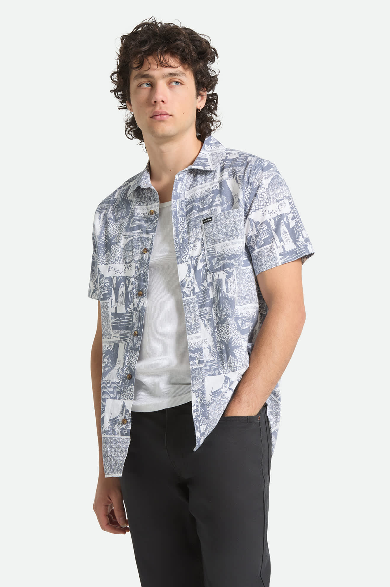 Men's Charter Print Short Sleeve Shirt in the color Navy/White Collage - Men's Front View