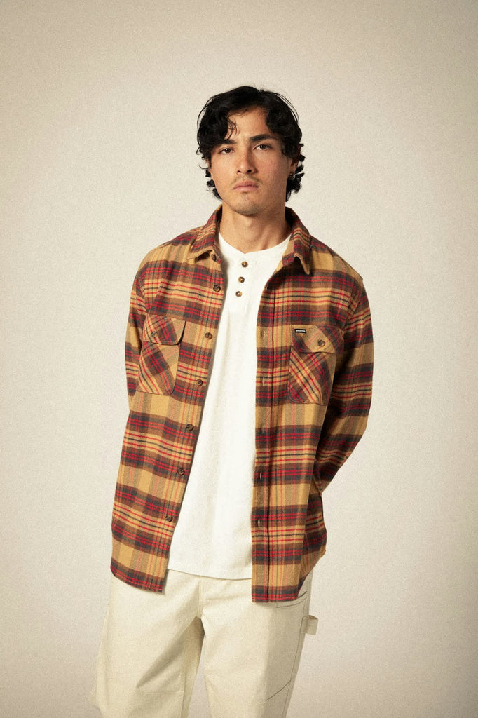 Men's Bowery L/S Flannel in the color Curry/Washed Black/Crimson - Men's Front View