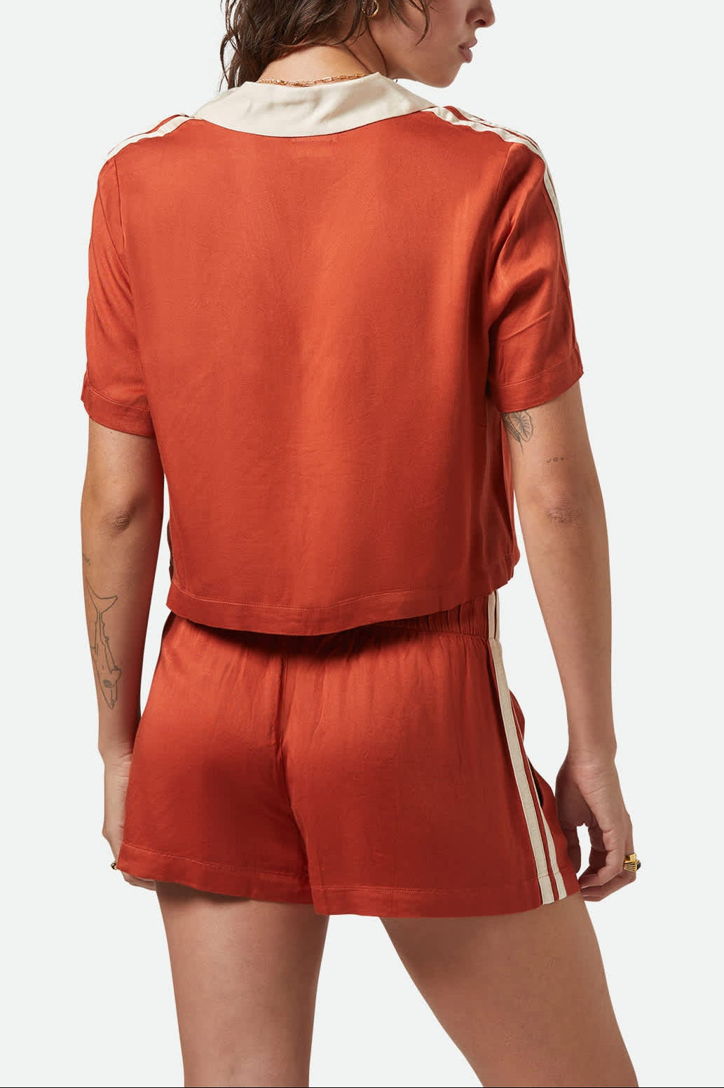 Women's Silky S/S Bowling Button Down in the color Burnt Brick - Women's Back View