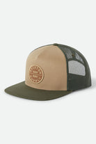 Unisex Oath Trucker Hat in the color Khaki/Dark Olive - Front Product Laydown Image